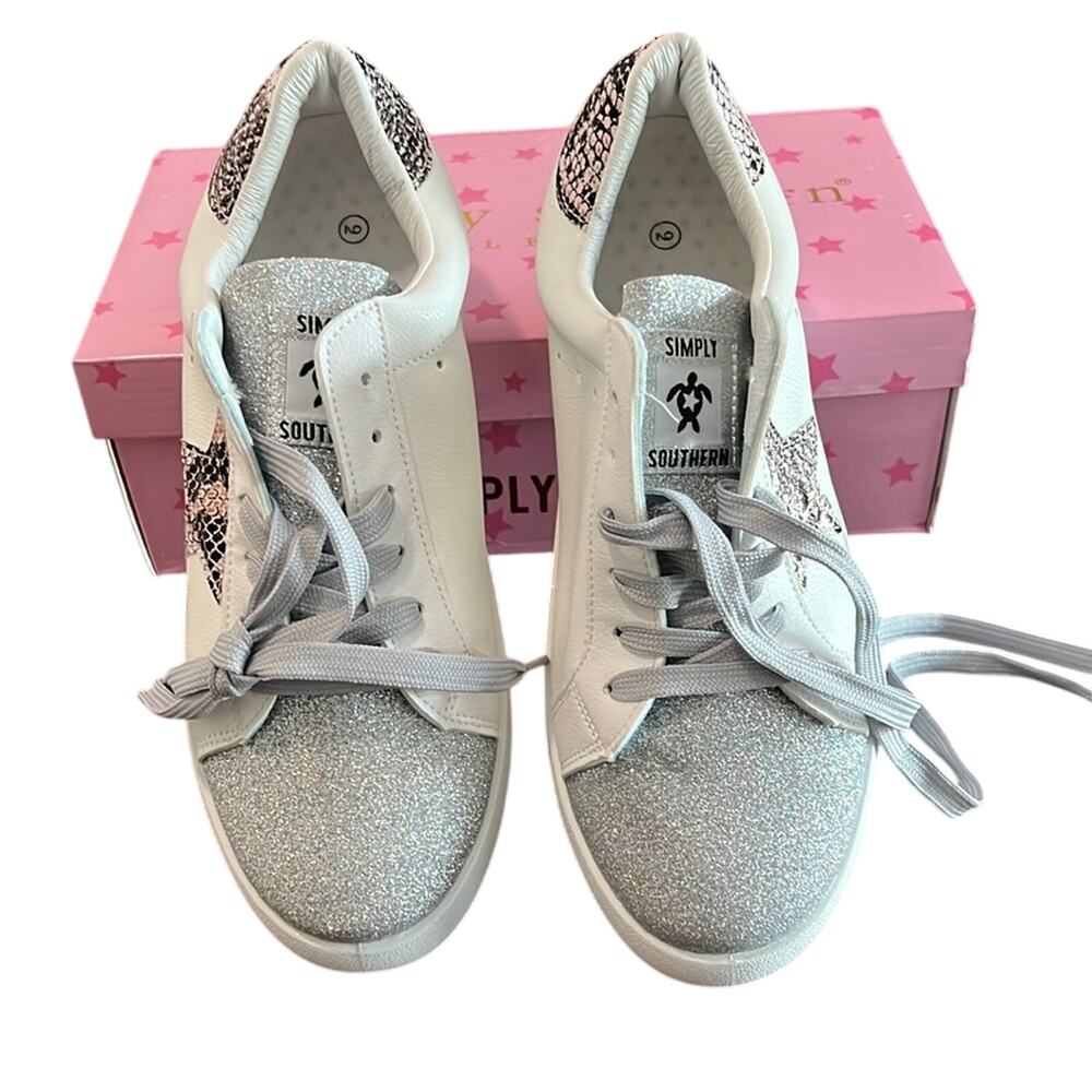 Simply Southern White & Sparkly Silver Sneakers